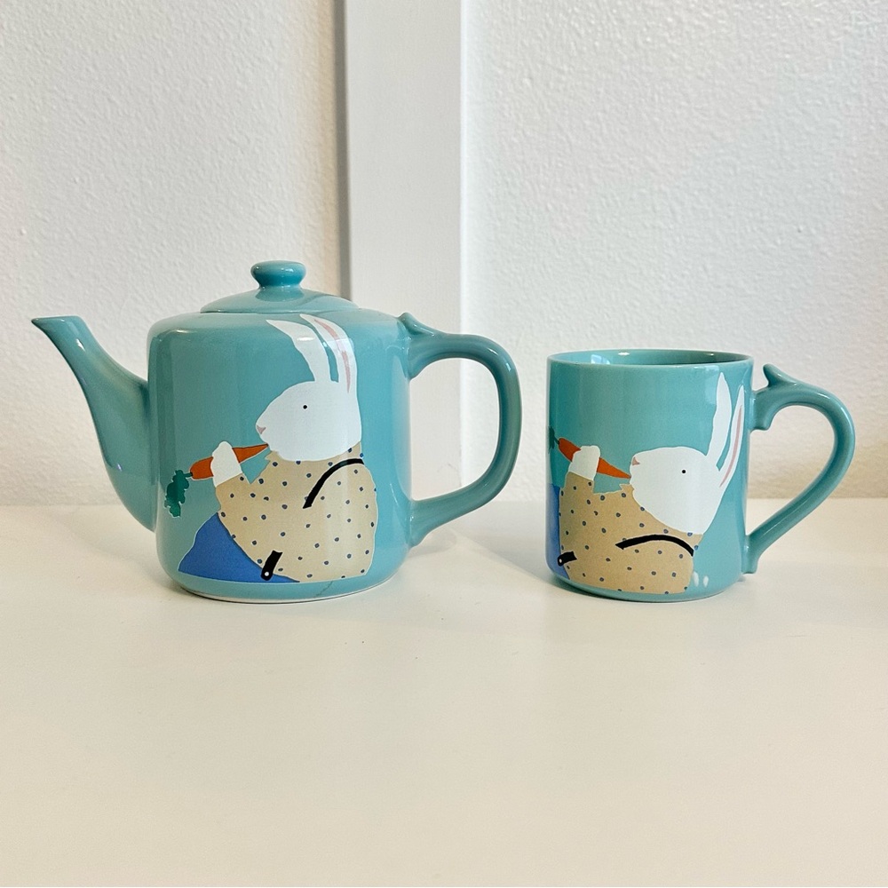 VTG 88’ Paris Bottman Design Bunny Teapot Ceramic Blue Rabbit JAPAN + Mug Cup